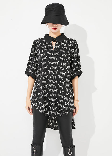 Chemise longue en mousseline noire élégante à imprimé oversize, manches courtes, coupe asymétrique LY0824