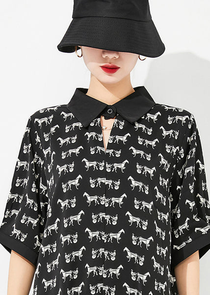 Chemise longue en mousseline noire élégante à imprimé oversize, manches courtes, coupe asymétrique LY0824