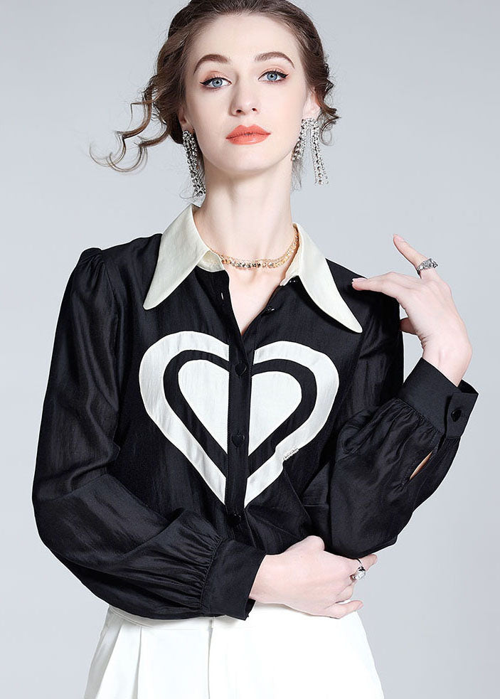 Classy Black Peter Pan Collar Heart Patchwork Silk Top Spring LY1060