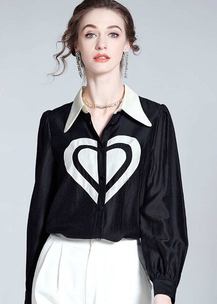 Classy Black Peter Pan Collar Heart Patchwork Silk Top Spring LY1060