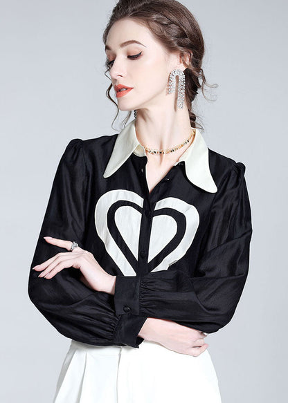 Classy Black Peter Pan Collar Heart Patchwork Silk Top Spring LY1060