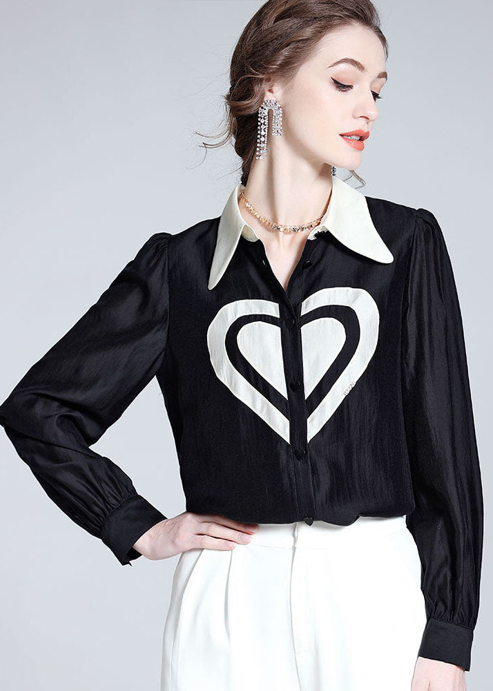 Classy Black Peter Pan Collar Heart Patchwork Silk Top Spring LY1060