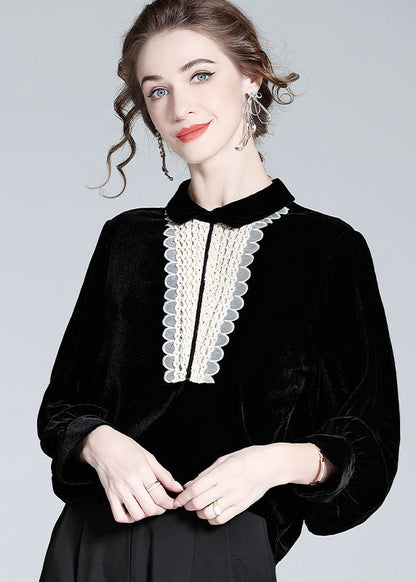 Classy Black Peter Pan Collar Lace Patchwork Silk Velour Top Spring LY0994