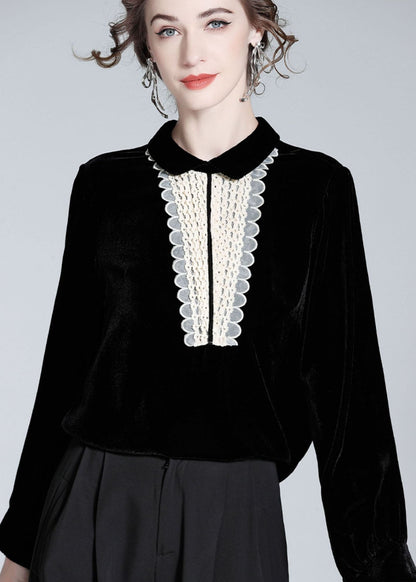 Classy Black Peter Pan Collar Lace Patchwork Silk Velour Top Spring LY0994