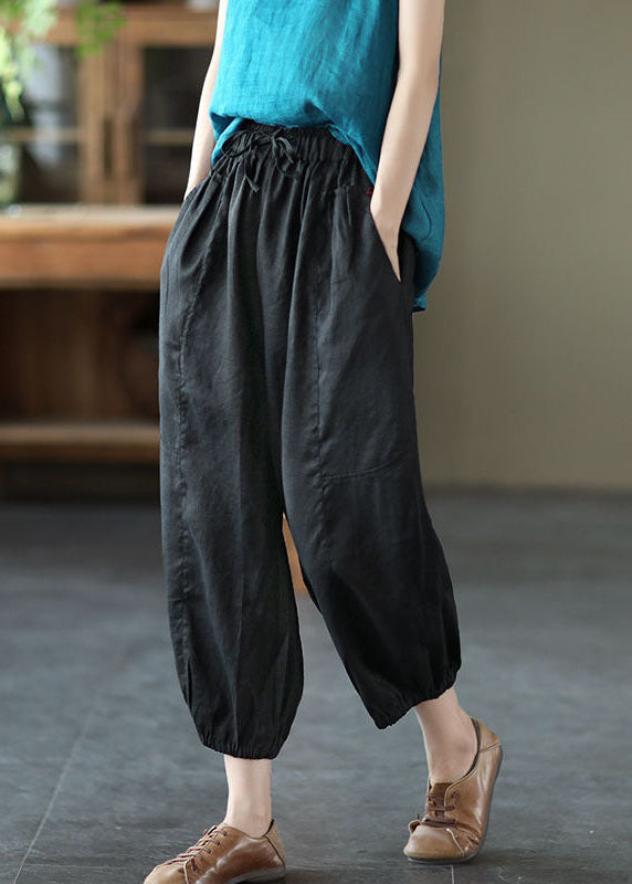 Classy Black Pockets Patchwork Linen Harem Pants Summer LY0608