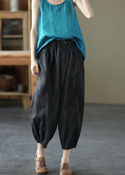 Classy Black Pockets Patchwork Linen Harem Pants Summer LY0608