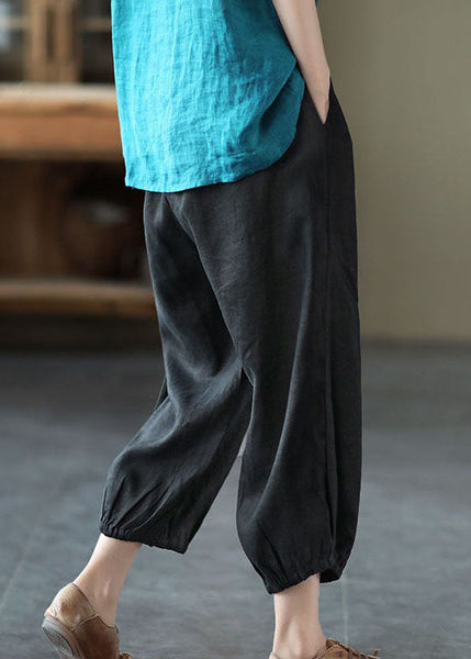 Classy Black Pockets Patchwork Linen Harem Pants Summer LY0608
