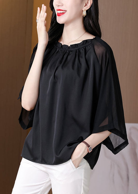 Classy Black Ruffled Patchwork Chiffon Shirts Bracelet Sleeve LY0430