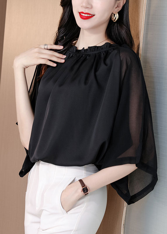 Classy Black Ruffled Patchwork Chiffon Shirts Bracelet Sleeve LY0430