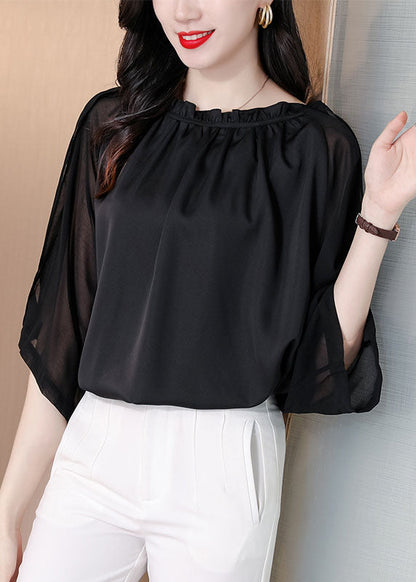 Classy Black Ruffled Patchwork Chiffon Shirts Bracelet Sleeve LY0430