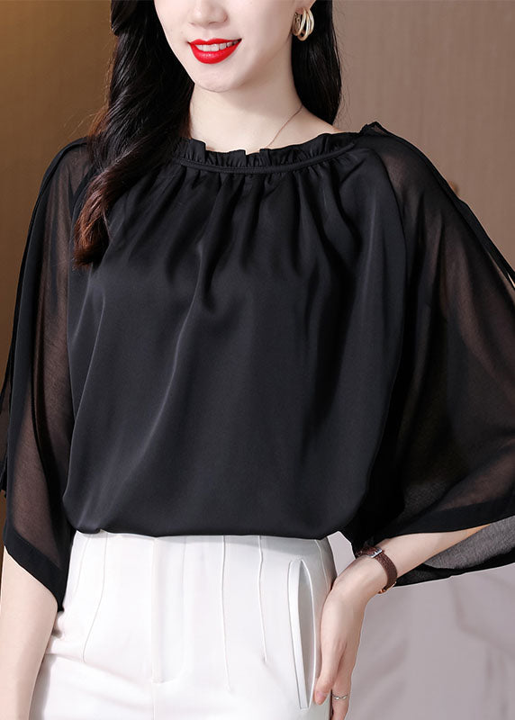 Classy Black Ruffled Patchwork Chiffon Shirts Bracelet Sleeve LY0430