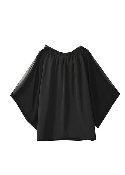 Classy Black Ruffled Patchwork Chiffon Shirts Bracelet Sleeve LY0430