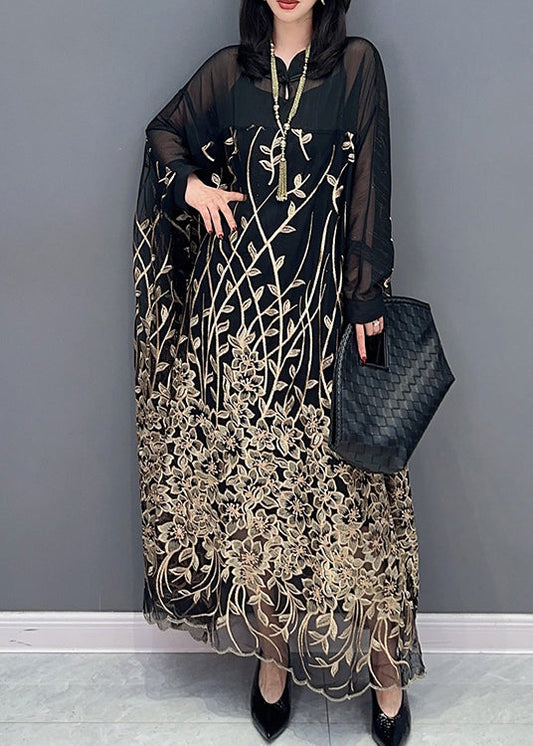 Classy Black Stand Collar Embroideried Button Tulle Maxi Dress Long Sleeve LC0357