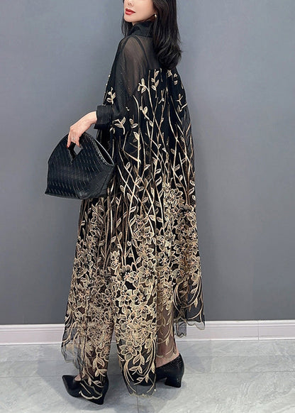 Classy Black Stand Collar Embroideried Button Tulle Maxi Dress Long Sleeve