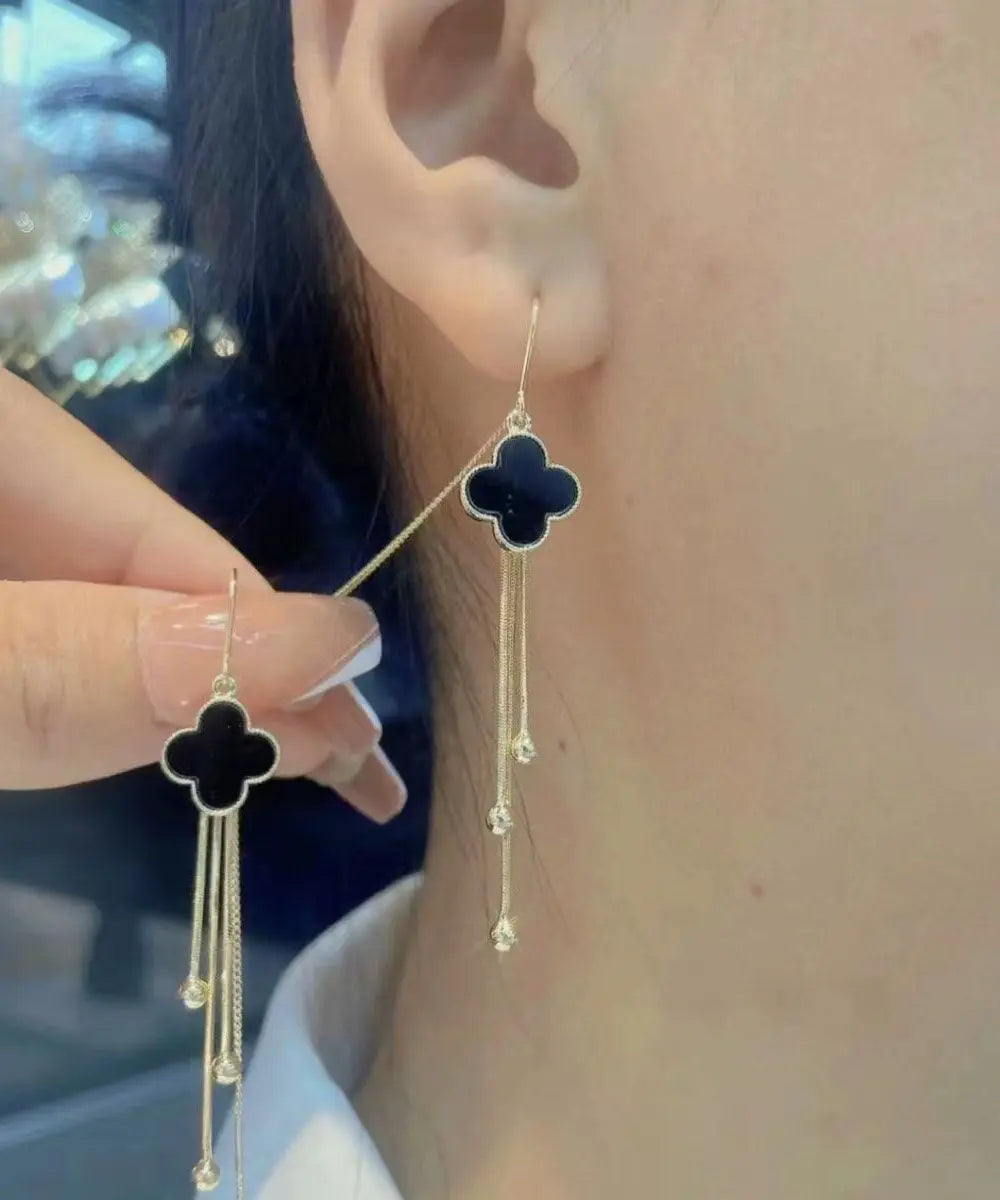 Classy Black Sterling Silver Black Agate Four Leaf Grass Tassel Drop Earrings Ada Fashion