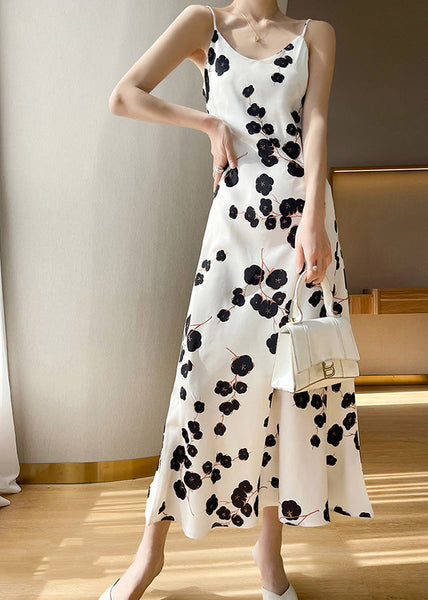 Classy Black V Neck Dot Print Silk Maxi Slip Dress Summer LY1723