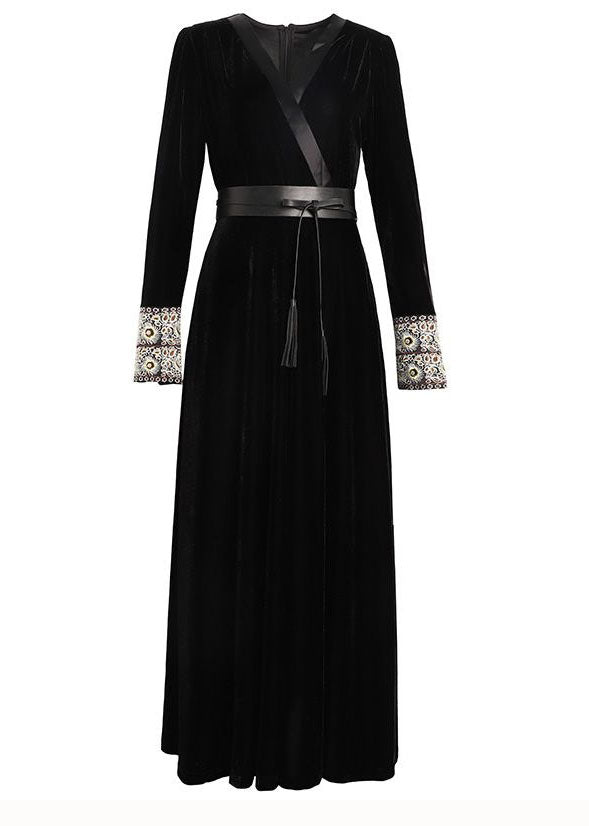 Classy Black V Neck Embroideried Patchwork Velour Dress Spring LC0245