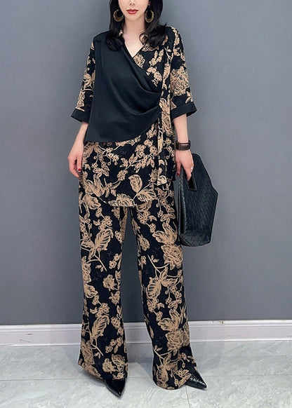 Classy Black V Neck Fake Two Pieces Top And Wide Leg Pants Two Piece Set Spring