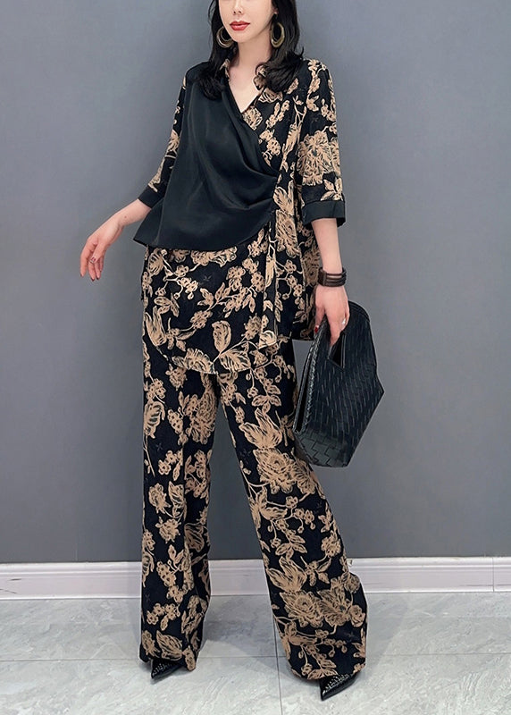 Classy Black V Neck Fake Two Pieces Top And Wide Leg Pants Two Piece Set Spring LC0307