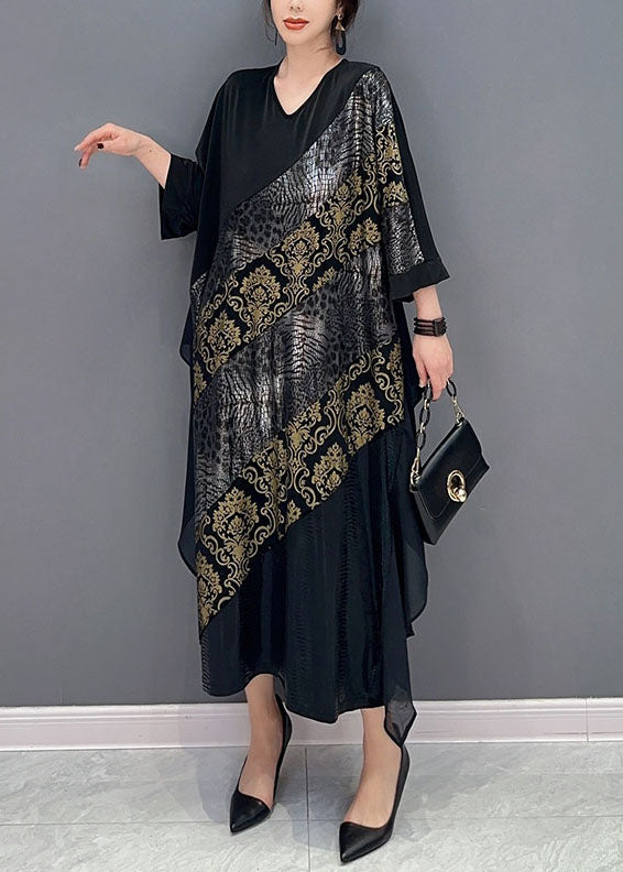 Classy Black V Neck Patchwork Ruffles Long Dresses Bracelet Sleeve LY0573