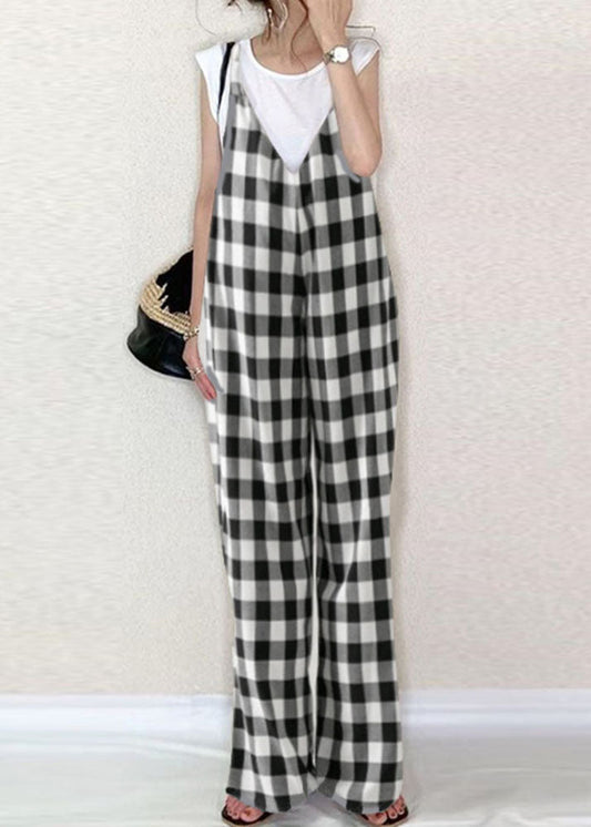 Classy Black White Plaid Oversized Cotton Overalls Jumpsuit Summer LY1320