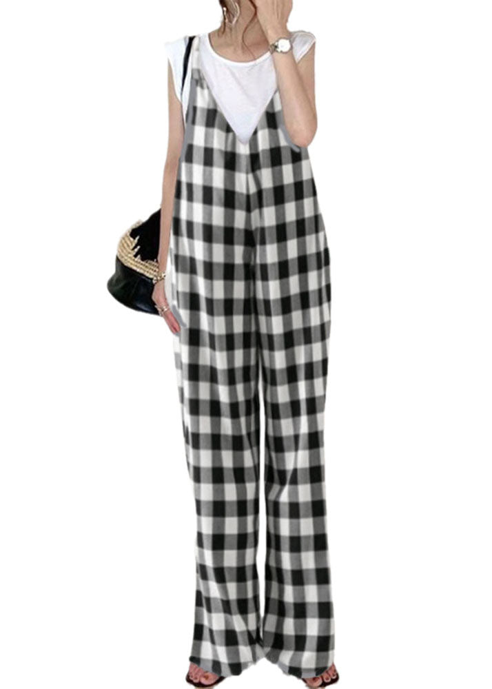 Classy Black White Plaid Oversized Cotton Overalls Jumpsuit Summer LY1320