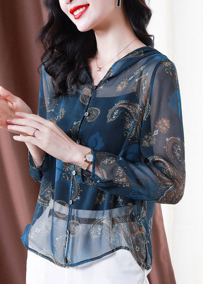 Classy Blue Embroideried Button Hooded Tulle Coat Long Sleeve TI1060