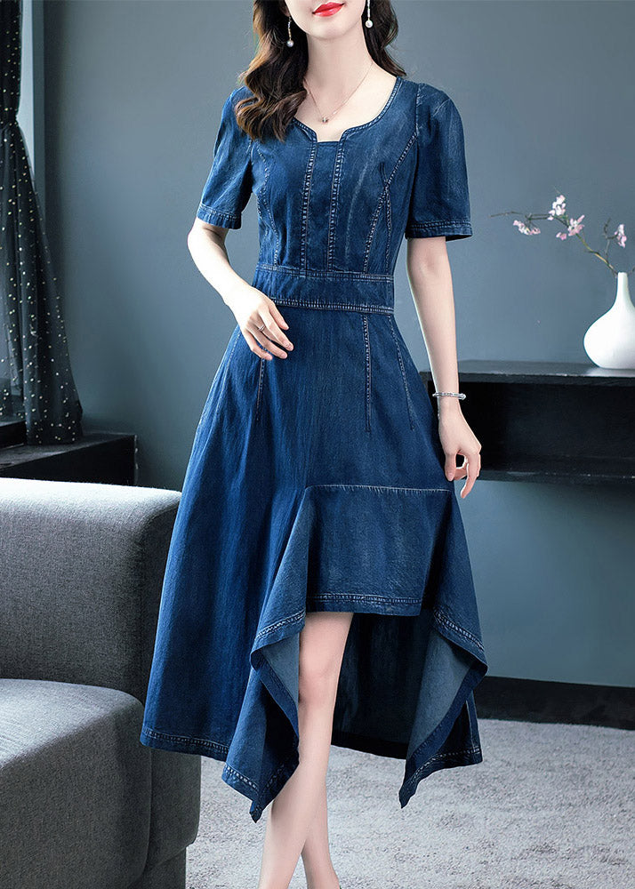 Classy Blue O-Neck Asymmetrical Patchwork Solid Cotton Holiday Denim Maxi Dress Short Sleeve AC2016