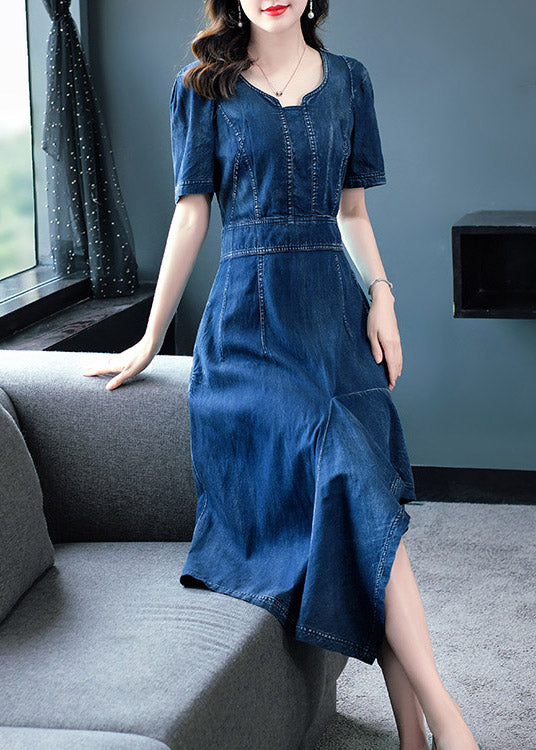 Classy Blue O-Neck Asymmetrical Patchwork Solid Cotton Holiday Denim Maxi Dress Short Sleeve AC2016