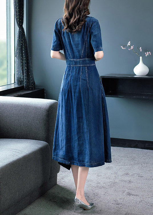 Classy Blue O-Neck Asymmetrical Patchwork Solid Cotton Holiday Denim Maxi Dress Short Sleeve AC2016
