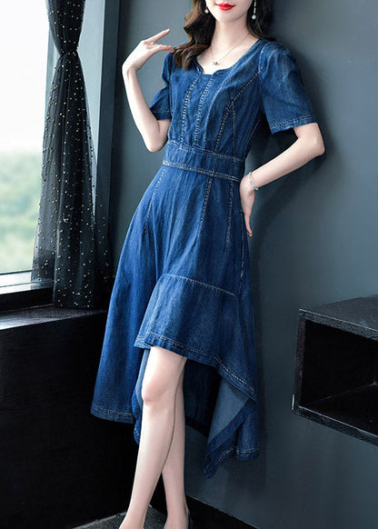 Classy Blue O-Neck Asymmetrical Patchwork Solid Cotton Holiday Denim Maxi Dress Short Sleeve AC2016