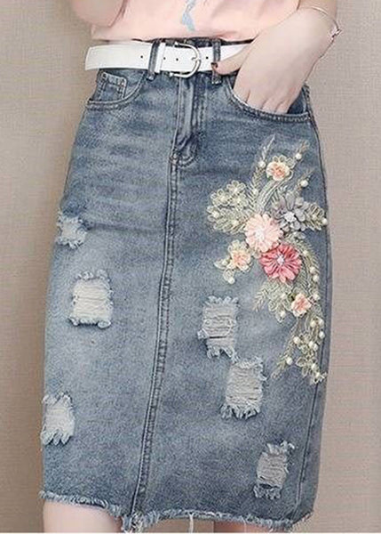 Jupes en jean bleu clair élégantes avec poches, clous et perles, modèle Summer TY1071