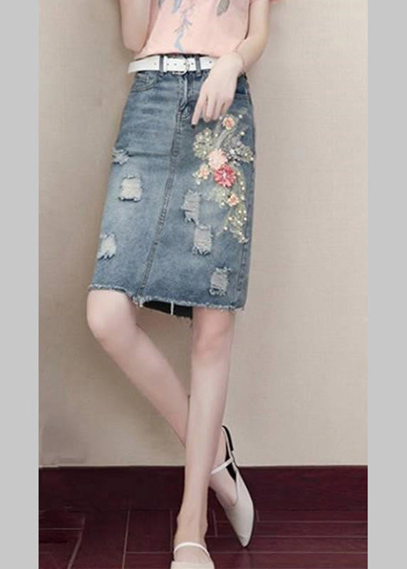 Classy Blue Pockets Nail Bead Hole Sashes Denim Skirts Summe TY1071