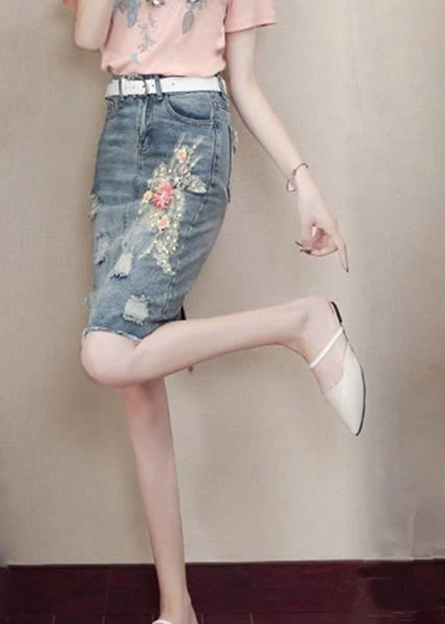 Classy Blue Pockets Nail Bead Hole Sashes Denim Skirts Summe TY1071