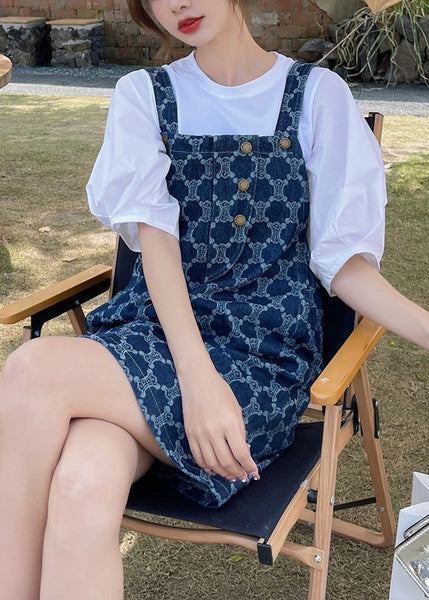 Robe mi-longue en jean bleu imprimé patchwork à boutons, élégante, été TQ1012