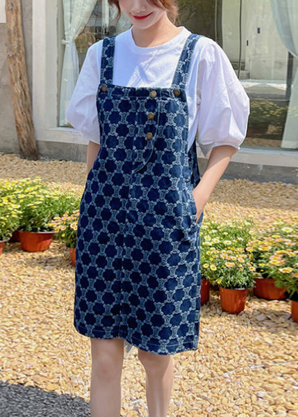 Robe mi-longue en jean bleu imprimé patchwork à boutons, élégante, été TQ1012