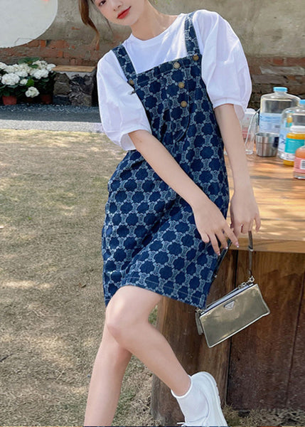 Robe mi-longue en jean bleu imprimé patchwork à boutons, élégante, été TQ1012