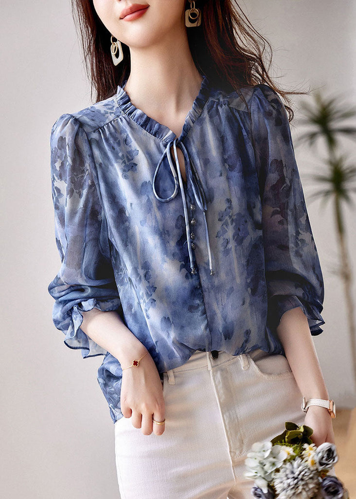 Classy Blue Ruffled Print Patchwork Chiffon Shirts Top Long Sleeve TP1038