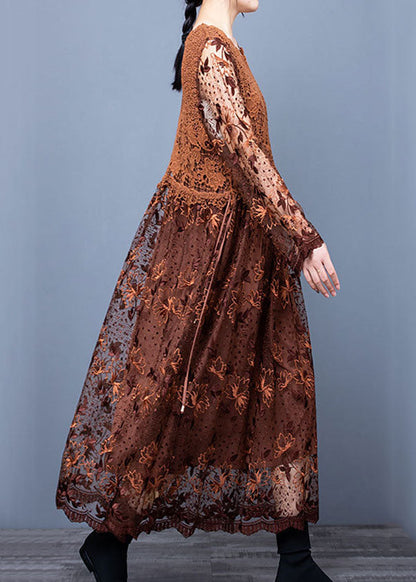 Classy Coffee Lace Embroideried Patchwork Dresses Spring LY0031