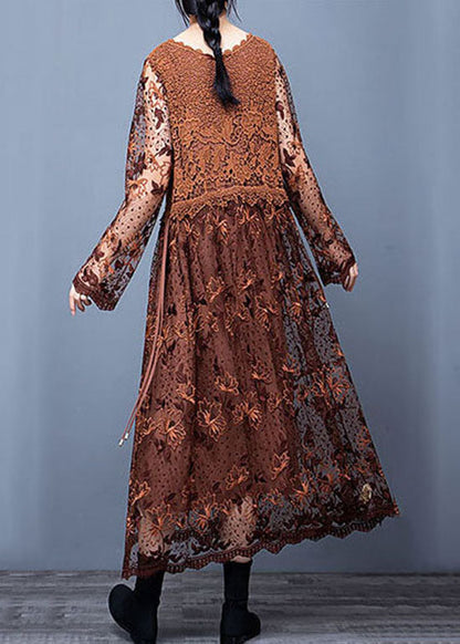 Classy Coffee Lace Embroideried Patchwork Dresses Spring LY0031