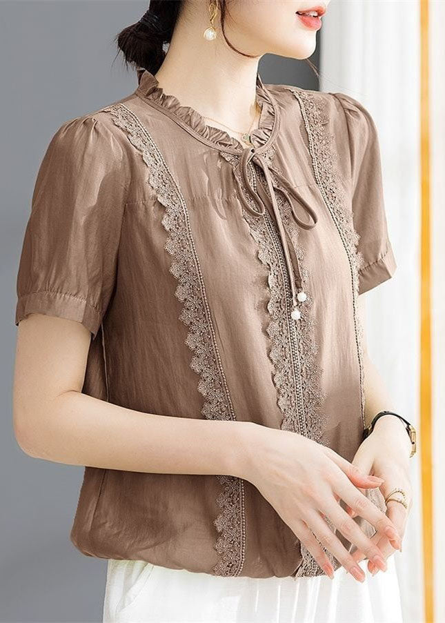 Classy Coffee Ruffled Lace Patchwork Cotton Blouse Tops Summer LY1473