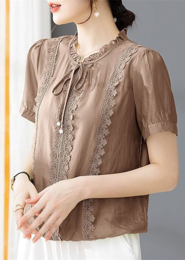 Classy Coffee Ruffled Lace Patchwork Cotton Blouse Tops Summer LY1473