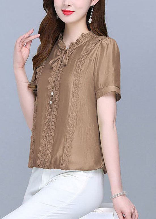 Classy Coffee Ruffled Lace Patchwork Cotton Blouse Tops Summer LY1473