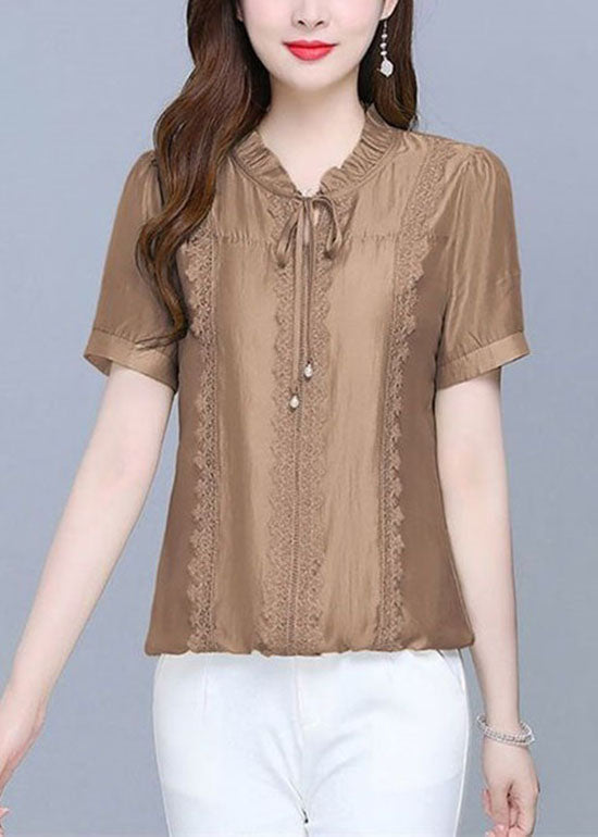 Classy Coffee Ruffled Lace Patchwork Cotton Blouse Tops Summer LY1473