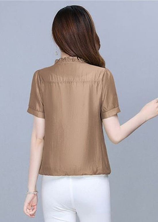 Classy Coffee Ruffled Lace Patchwork Cotton Blouse Tops Summer LY1473