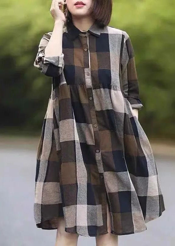 Classy Colorblock Peter Pan Collar Plaid Cotton Shirts Dress Spring LY0634