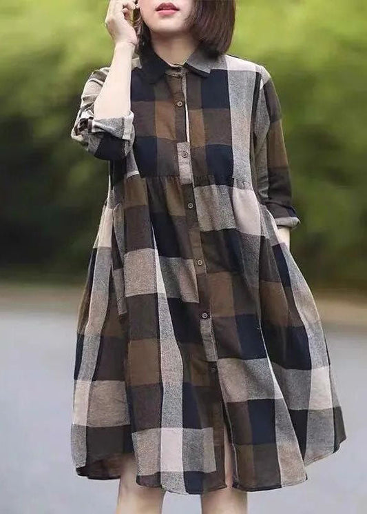 Classy Colorblock Peter Pan Collar Plaid Cotton Shirts Dress Spring LY0634