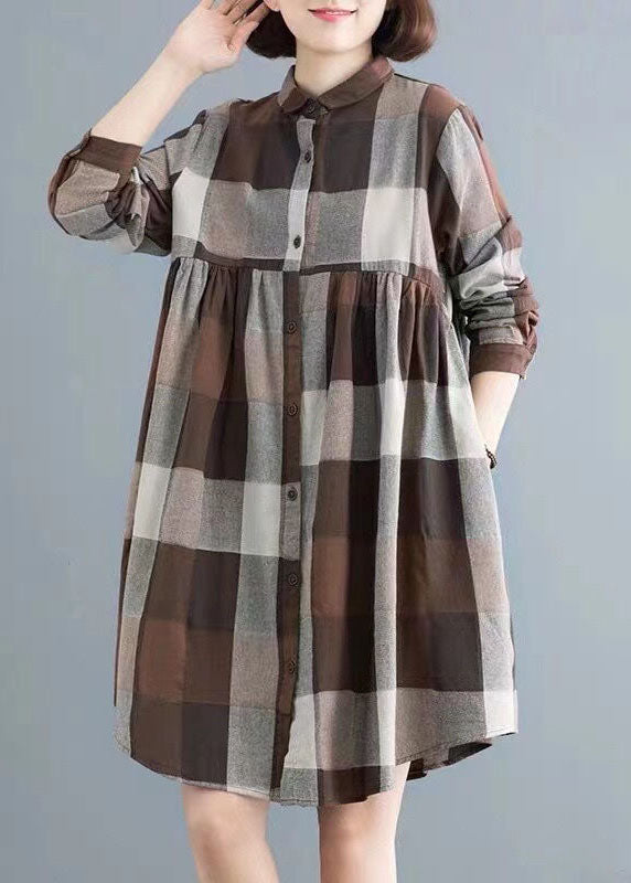 Classy Colorblock Peter Pan Collar Plaid Cotton Shirts Dress Spring LY0634