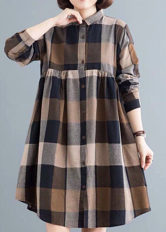 Classy Colorblock Peter Pan Collar Plaid Cotton Shirts Dress Spring LY0634