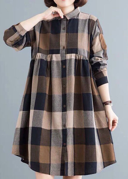 Classy Colorblock Peter Pan Collar Plaid Cotton Shirts Dress Spring LY0634